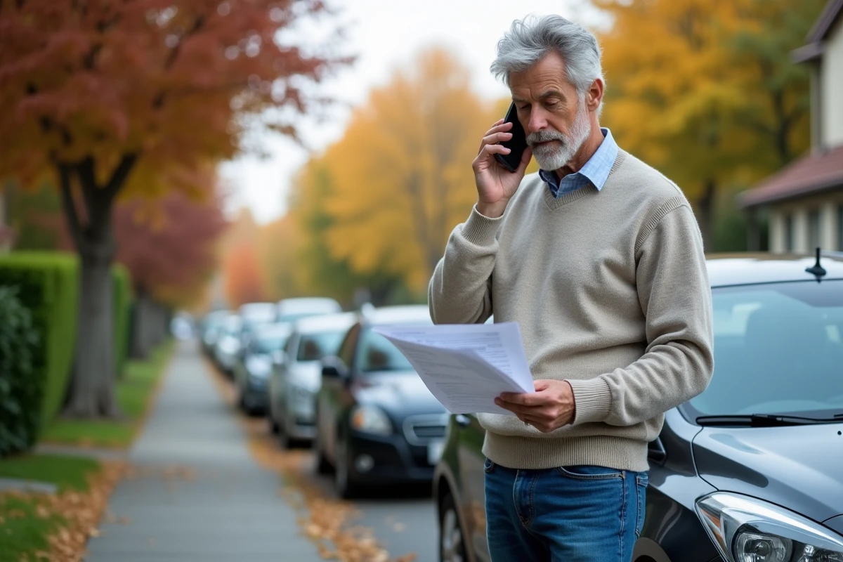 Homme dâge moyen parle au téléphone à côté de sa voiture dans la rue
