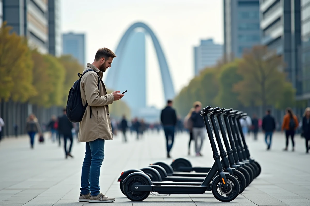 Homme vérifiant son smartphone près des scooters à La Défense