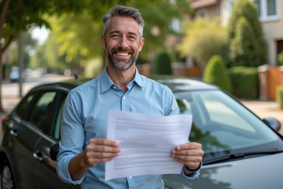 Homme souriant dehors avec documents voiture et son véhicule