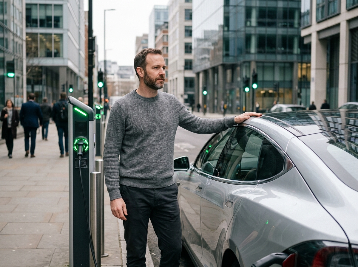Homme avec une voiture électrique en leasing devant une borne de recharge en ville