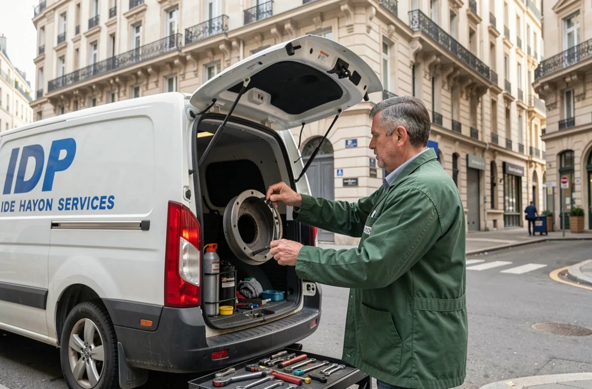 Mécanicien spécialisé ajustant un mécanisme de hayon de fourgon pour IDF Hayon Services à Paris