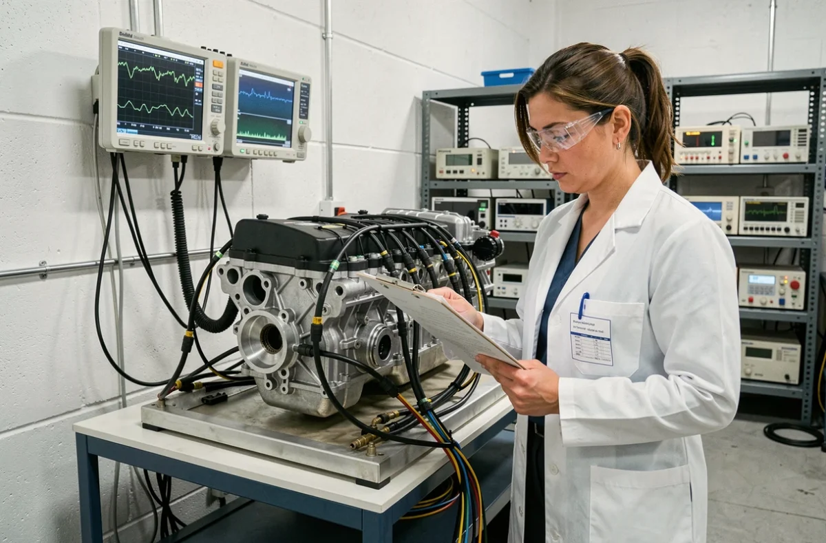 Ingénieure automobile analysant les données de performance DME sur un banc de test moteur en laboratoire de calibration
