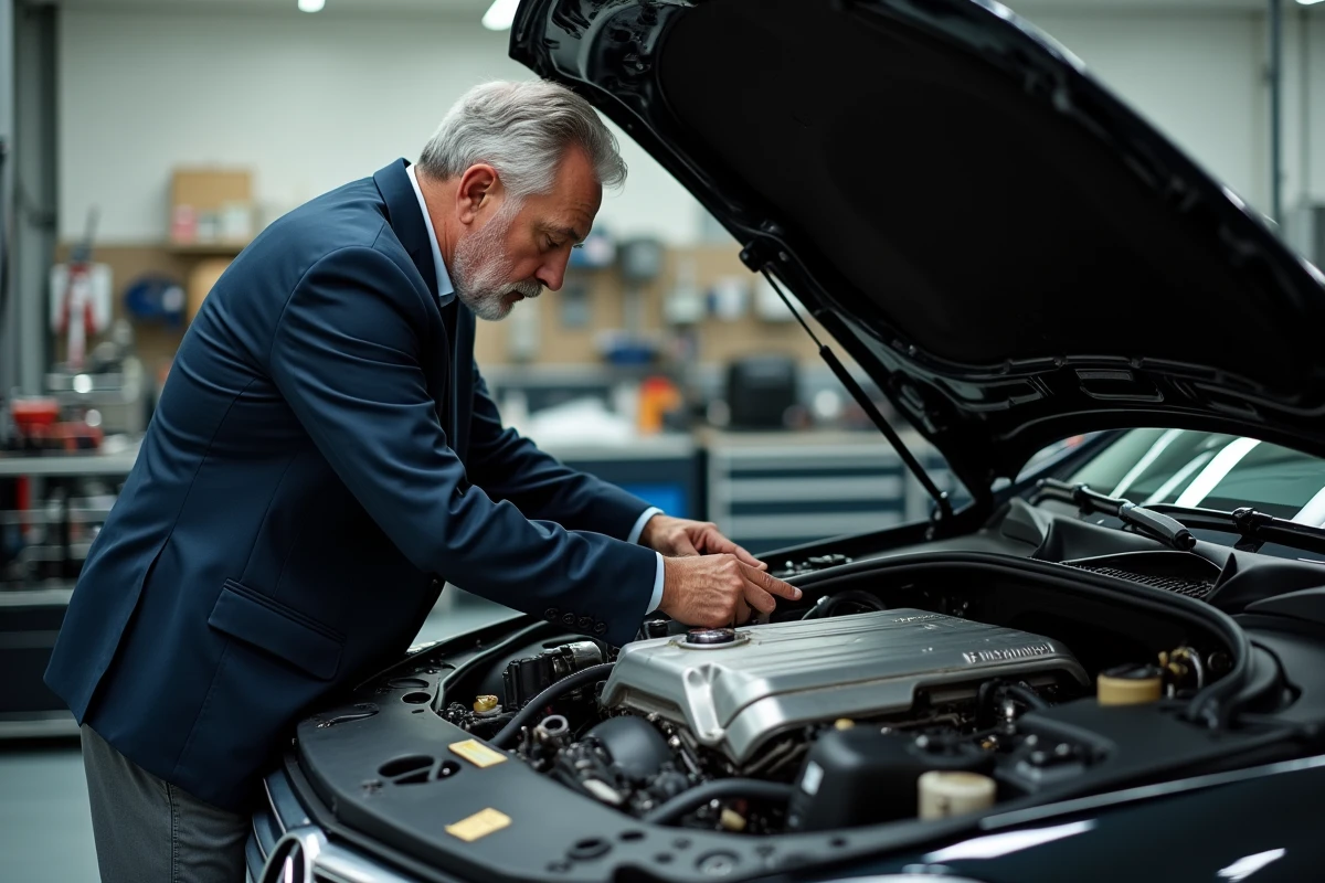 Un homme d'une cinquantaine d'années inspecte le compartiment moteur V12 d'une Mercedes CL600 noire dans un garage indépendant, moteur visible en détail