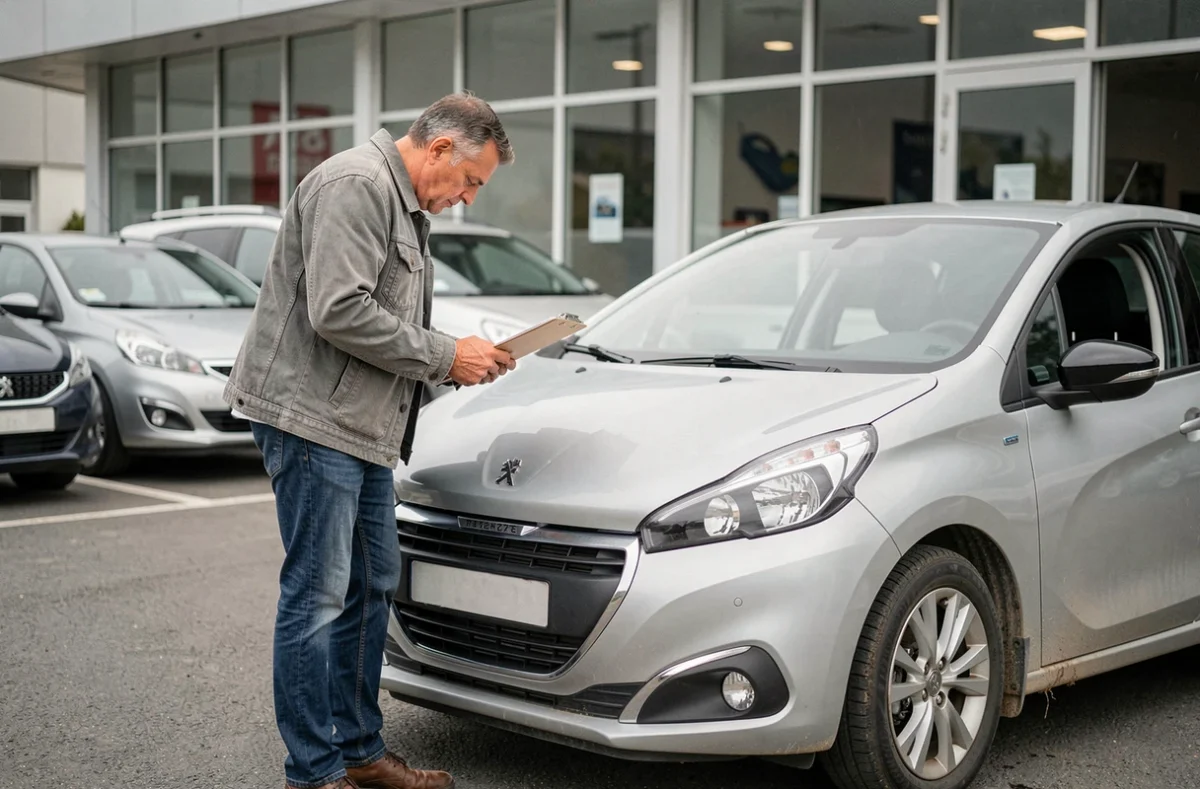 Vendeur inspectant une Peugeot 208 PureTech dans un parking de concessionnaire lors d'une estimation de prix
