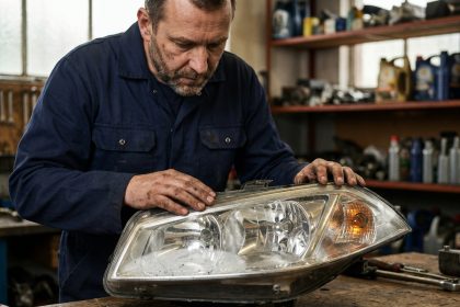 Mécanicien inspectant un phare avant de Renault Megane 2 sur un établi de garage automobile