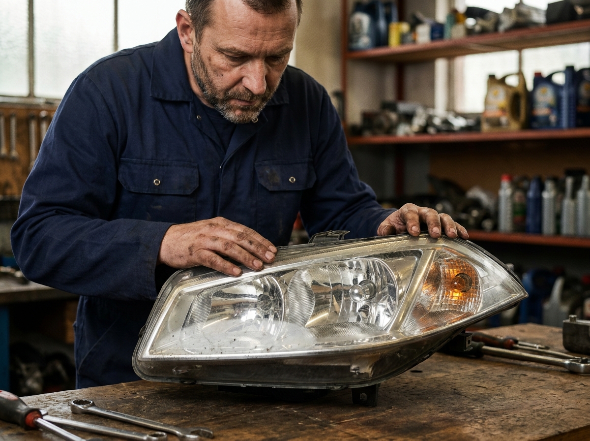 Mécanicien inspectant un phare avant de Renault Megane 2 sur un établi de garage automobile