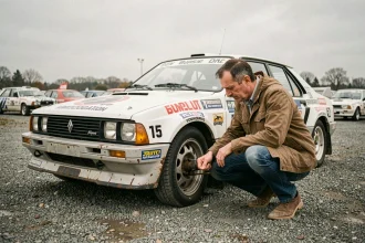 Deux acheteurs inspectant une voiture de rallye historique VHC dans un parc d'assistance en gravier