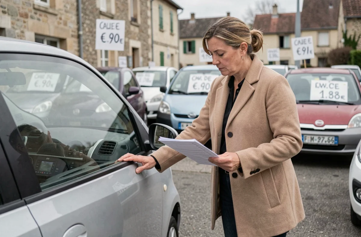 Femme inspectant une voiture sans permis d'occasion dans un garage automobile de l'Oise avant achat