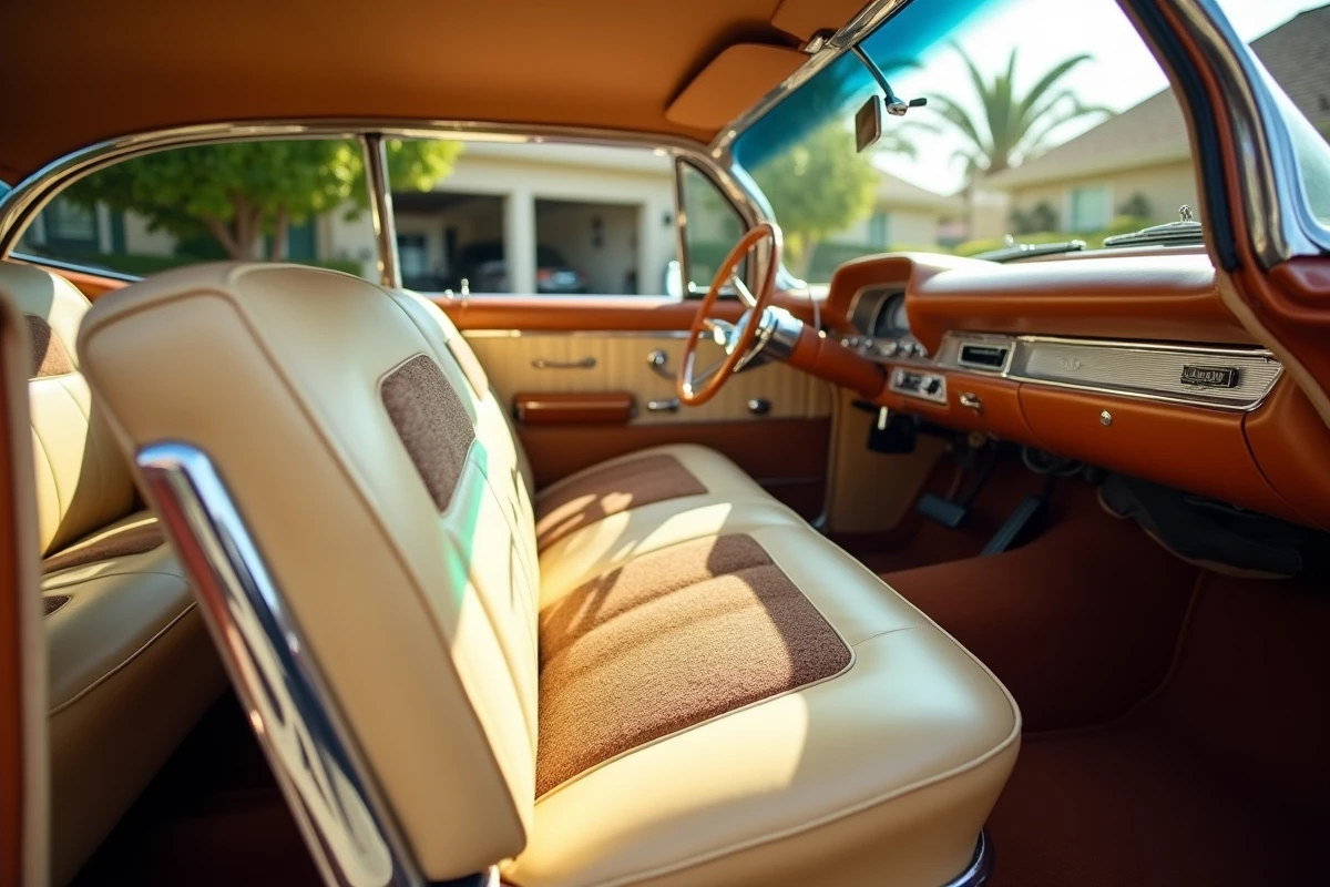 Intérieur restauré d'une Chevrolet Impala vintage avec banquette en vinyle crème et tableau de bord chromé d'époque