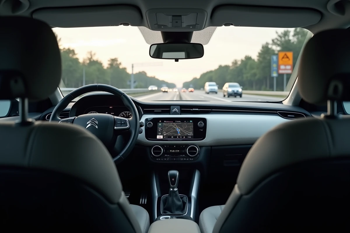 Intérieur de la Citroën C4 blanche Business avec écran de navigation et habitacle professionnel