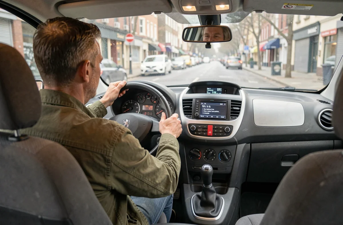 Intérieur du Peugeot Partner Tepee avec conducteur au volant, tableau de bord affichant les données de consommation et compteur kilométrique