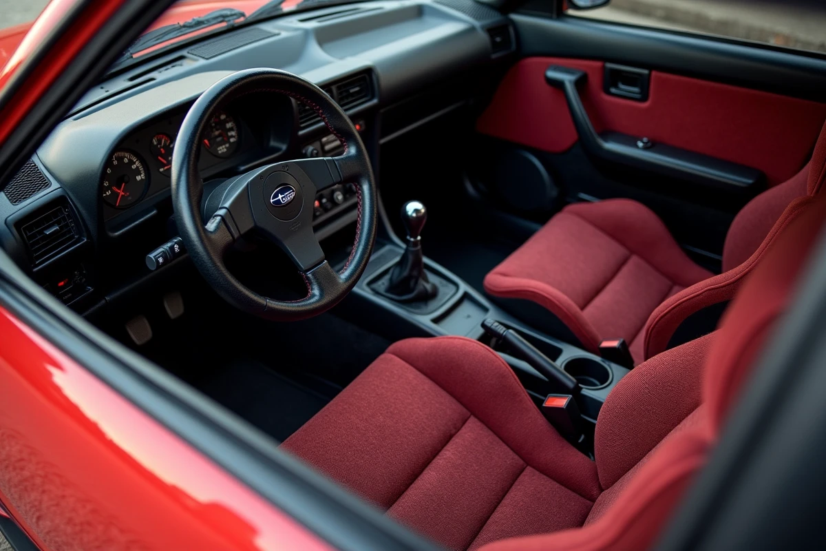 Intérieur d'une Subaru Impreza de collection équipée d'un Prodrive Performance Pack avec levier court, volant Momo et sièges Recaro