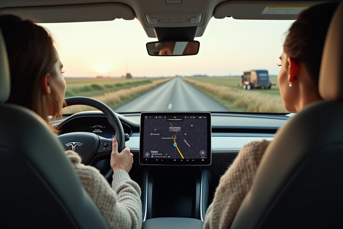 Intérieur de SUV électrique avec écran tactile en mode remorquage, conductrice sur route rurale avec van à chevaux