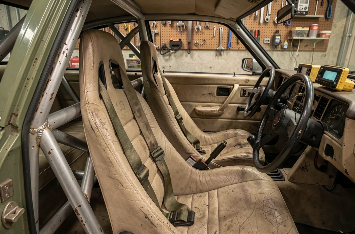 Intérieur authentique d'une voiture de rallye historique avec arceau et siège baquet d'époque
