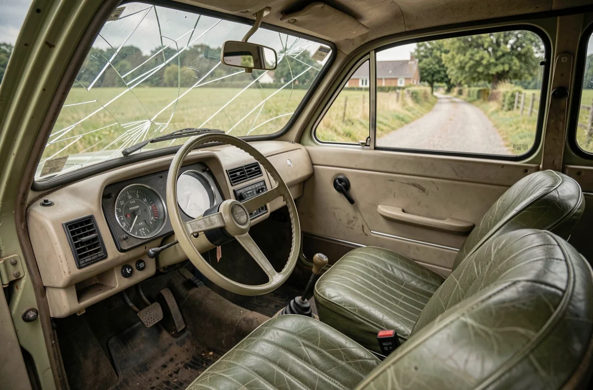 Intérieur vintage d'une ancienne voiture sans permis avec tableau de bord analogique et sièges en vinyle usé