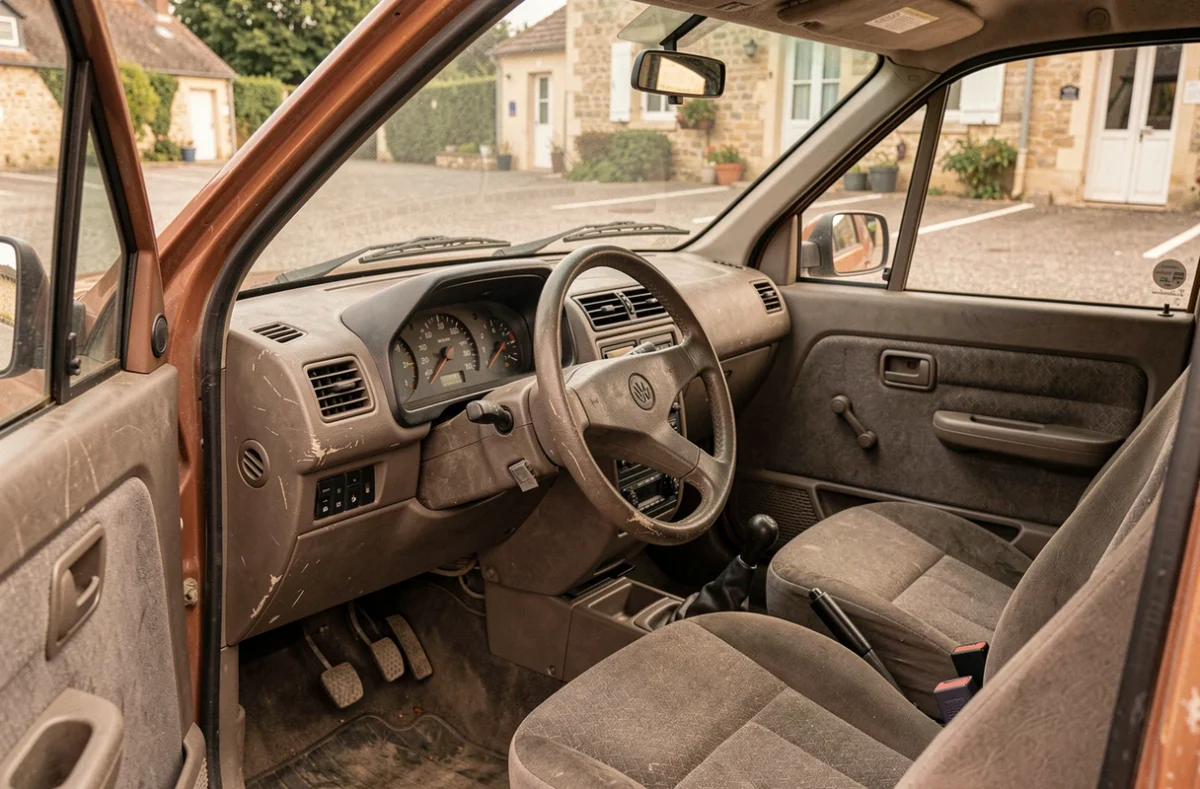 Intérieur d'une voiture sans permis d'occasion montrant le tableau de bord et les sièges usagés
