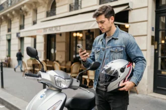 Jeune homme consultant son smartphone pour comparer des assurances scooter 125 en ville à Paris
