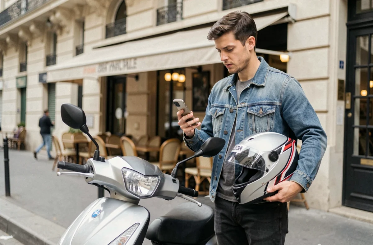 Jeune homme consultant son smartphone pour comparer des assurances scooter 125 en ville à Paris