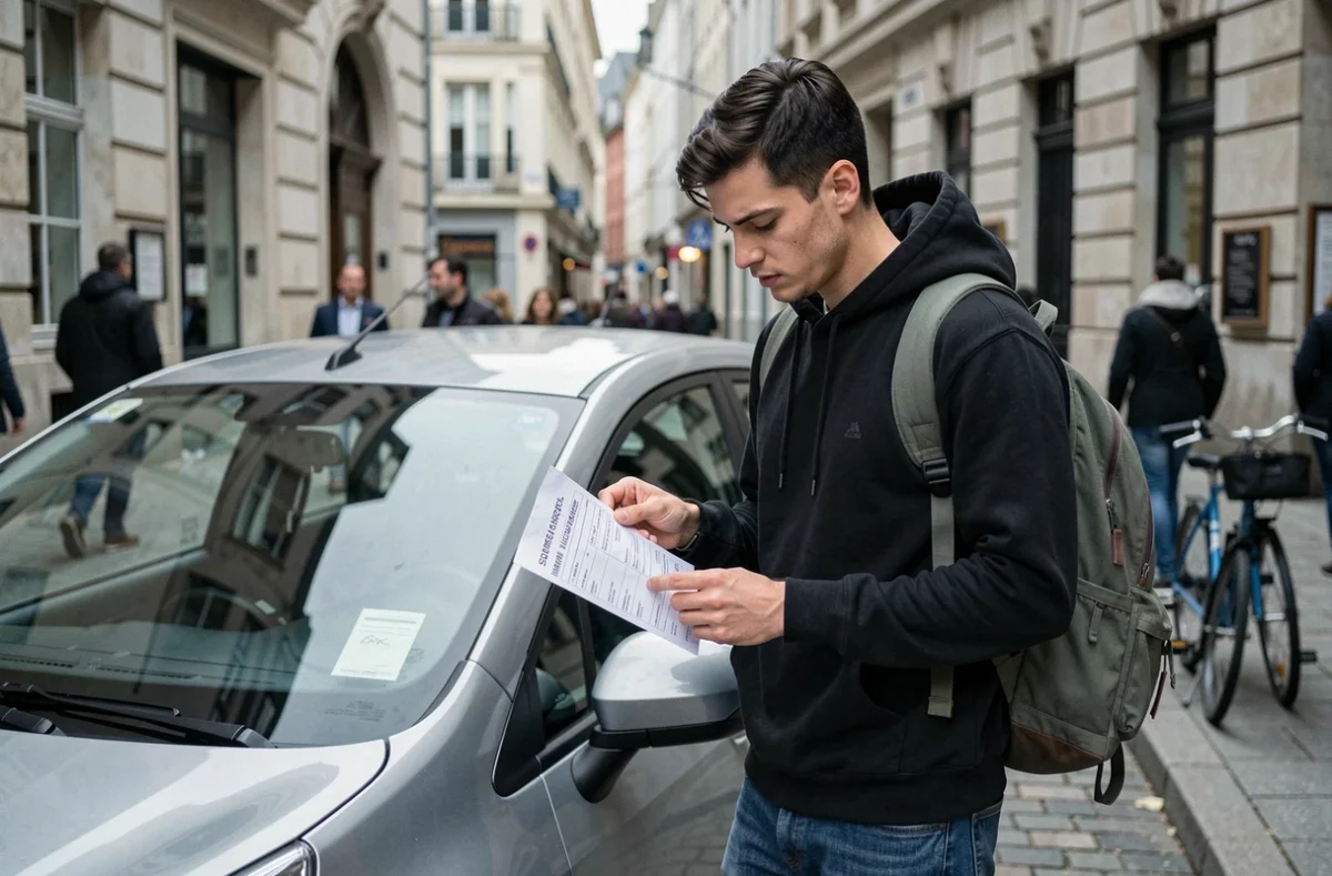 Jeune conducteur urbain consultant un devis d'assurance auto devant sa citadine