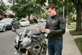 Jeune conducteur de moto tenant des documents d'assurance devant sa moto dans une rue résidentielle