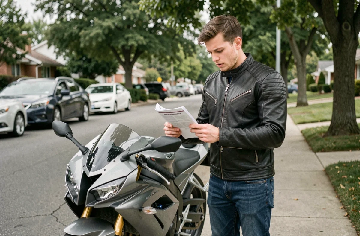 Jeune conducteur de moto tenant des documents d'assurance devant sa moto dans une rue résidentielle