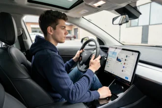 Jeune conducteur dans une Tesla Model 3 blanche consultant une application d'assurance sur l'écran tactile