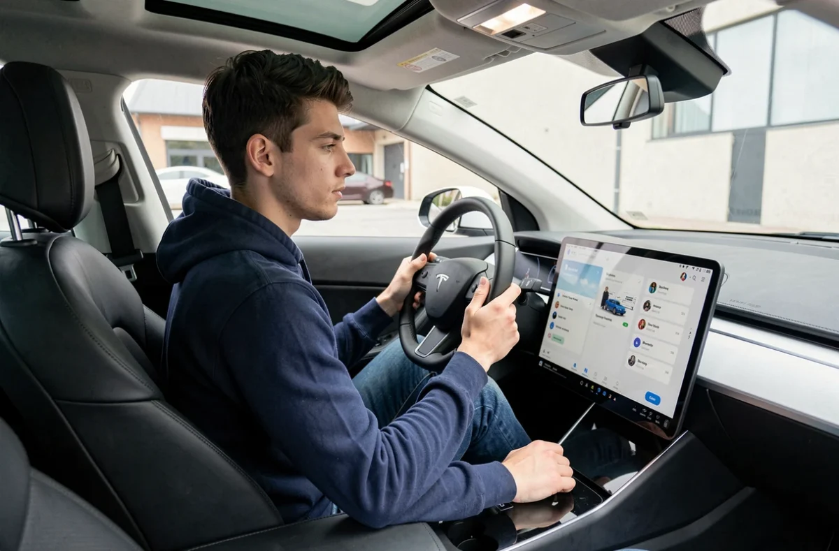 Jeune conducteur dans une Tesla Model 3 blanche consultant une application d'assurance sur l'écran tactile