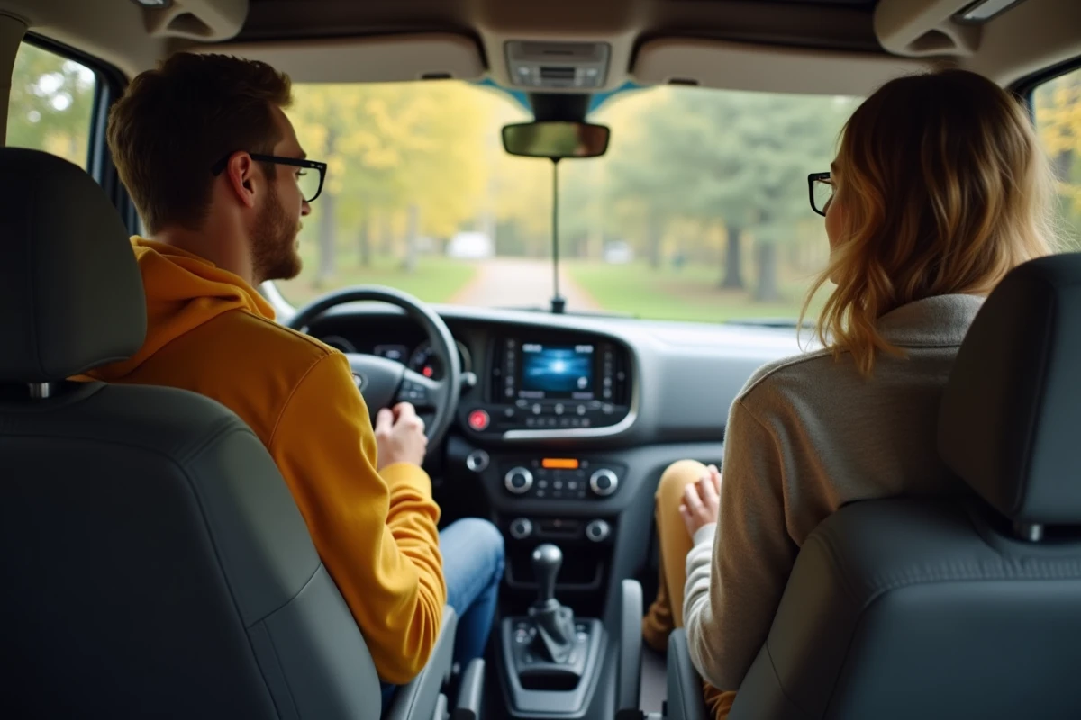 Jeune couple dans van utilisant tableau de bord numérique