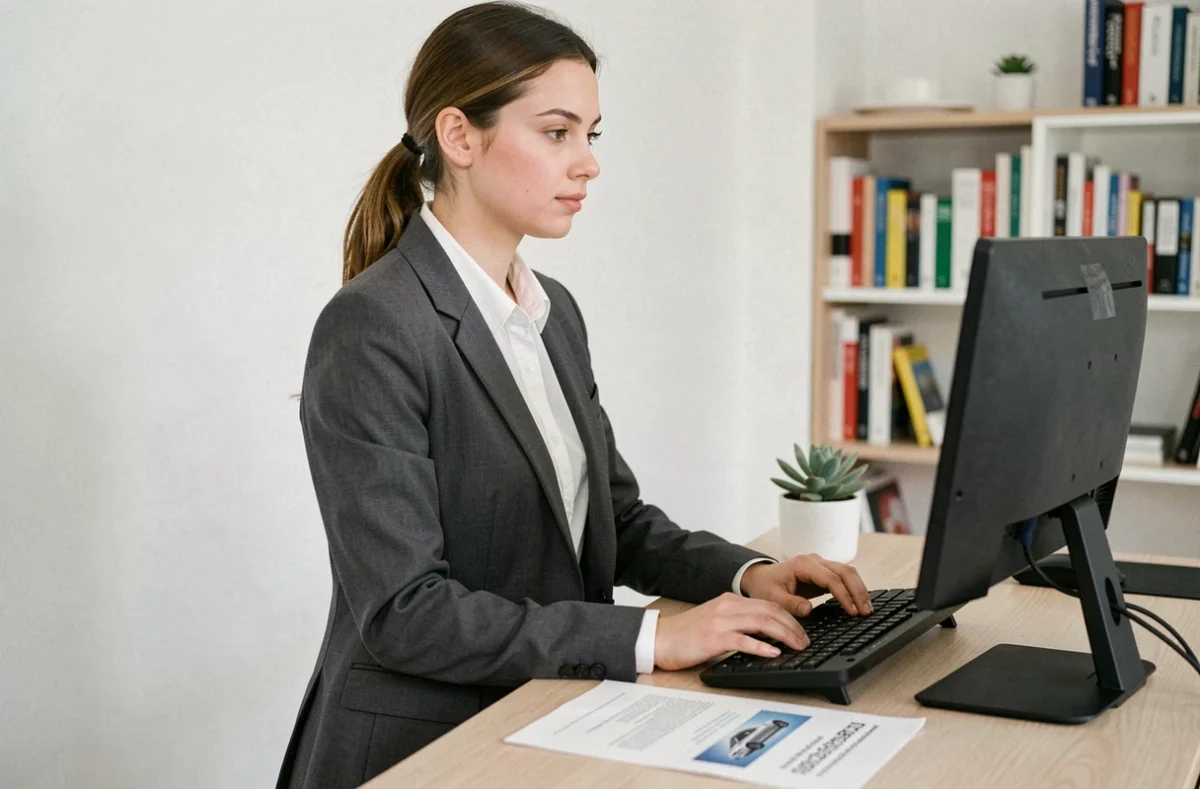 Jeune femme active souscrivant une assurance auto immédiate en ligne depuis son bureau à domicile
