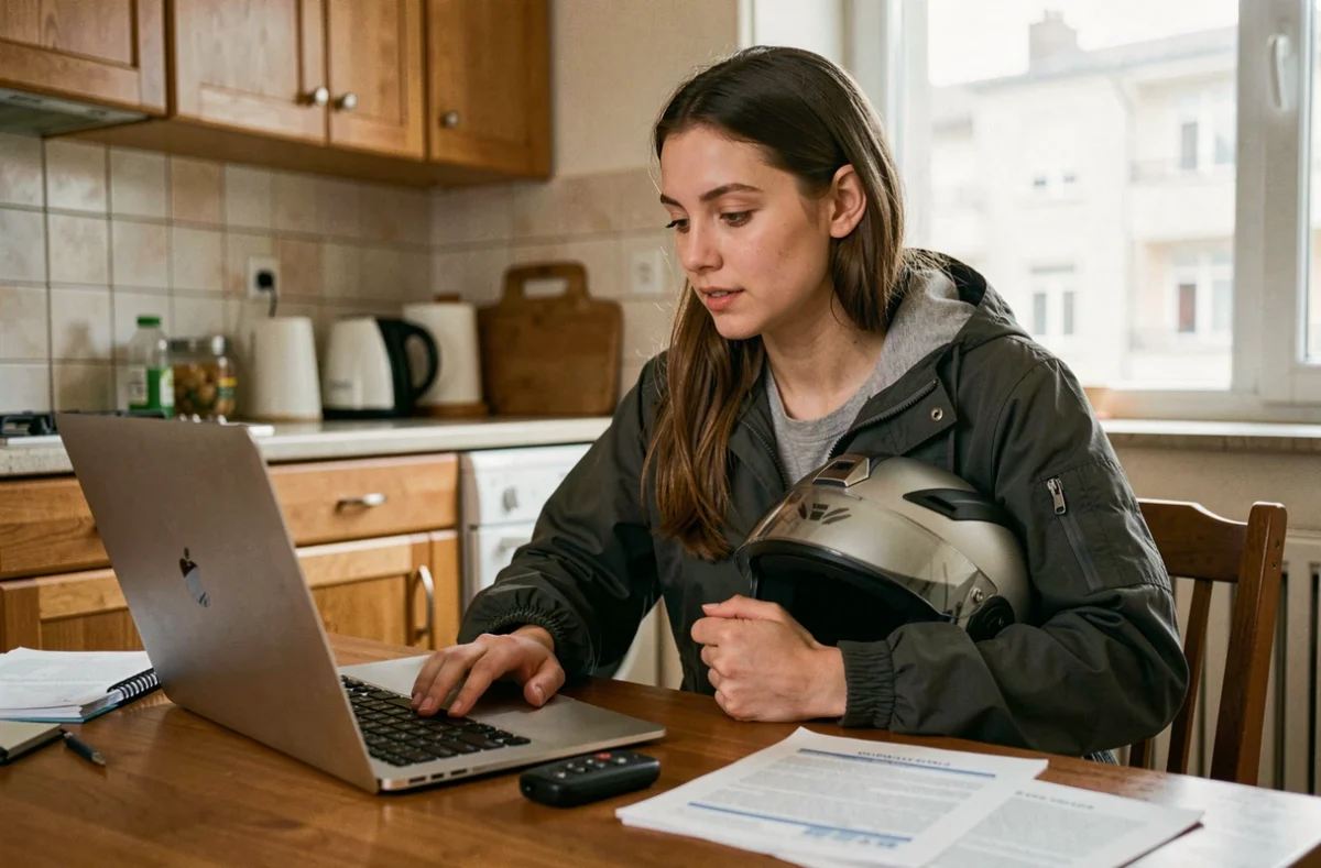 Jeune femme motarde comparant des devis d'assurance moto sur un ordinateur portable à la maison