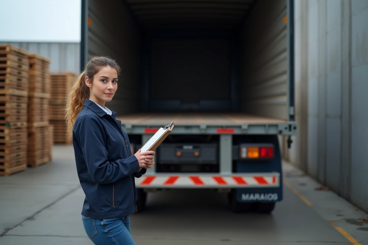 Ingénieure en logistique inspectant un camion de chantier vide