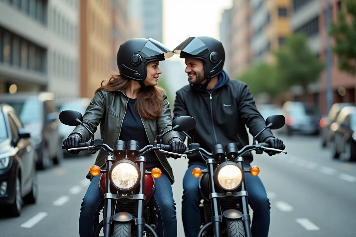 Jeune femme motard en ville parlant avec son passager