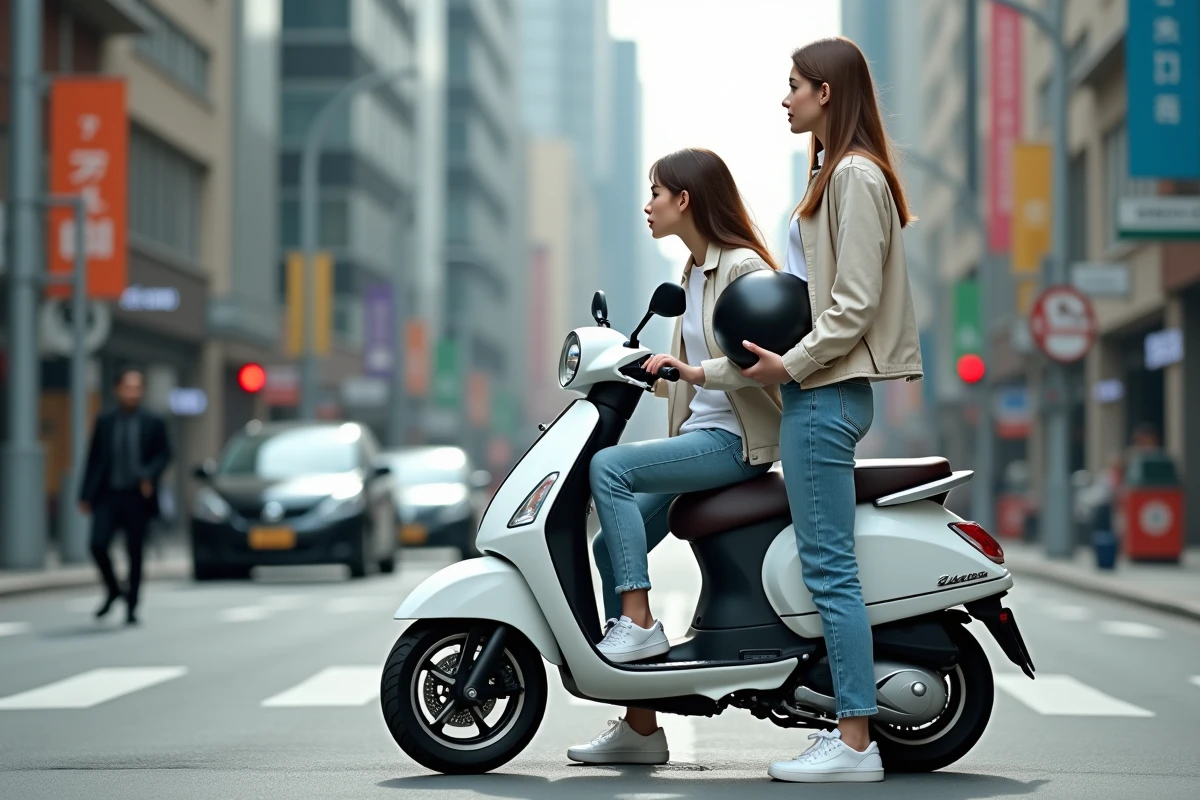 Jeune femme avec scooter dans une intersection urbaine animée