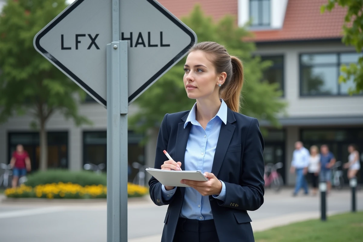 Jeune femme vérifiant un panneau de signalisation en extérieur