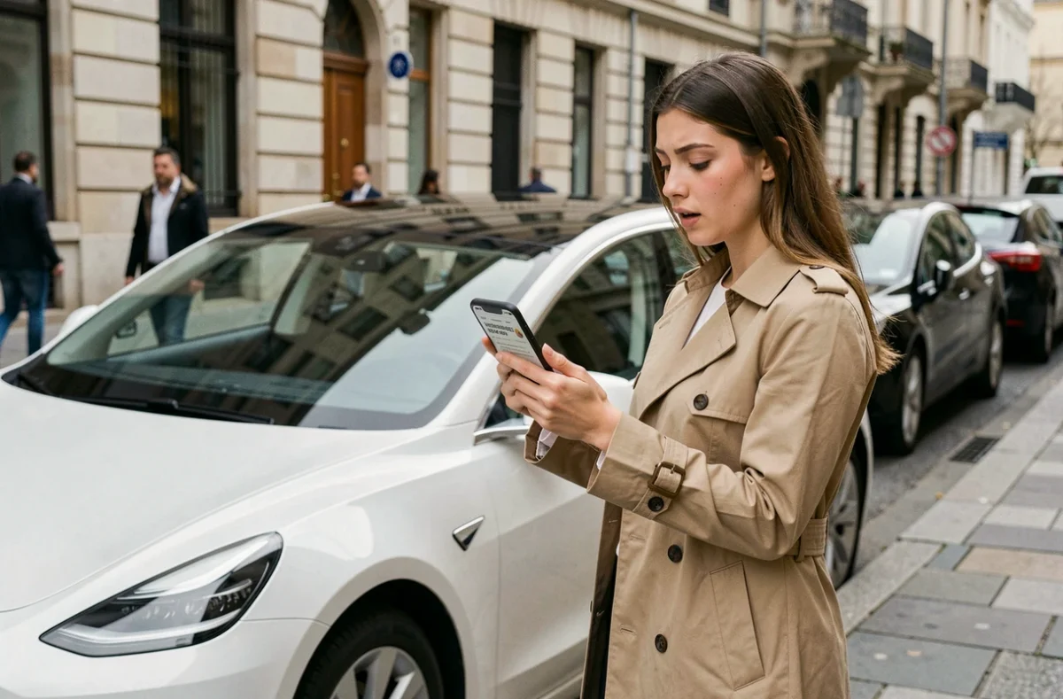 Jeune femme devant une Tesla Model 3 consultant un devis d'assurance auto sur son smartphone en ville