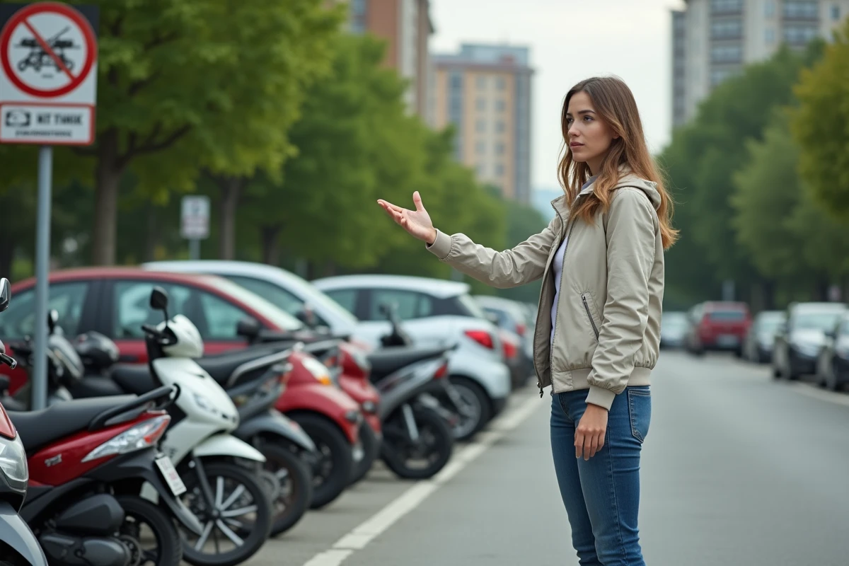 Jeune femme pointant des véhicules anciens devant panneau de restriction
