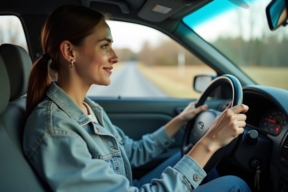 Jeune femme dans une voiture en intérieur au repos