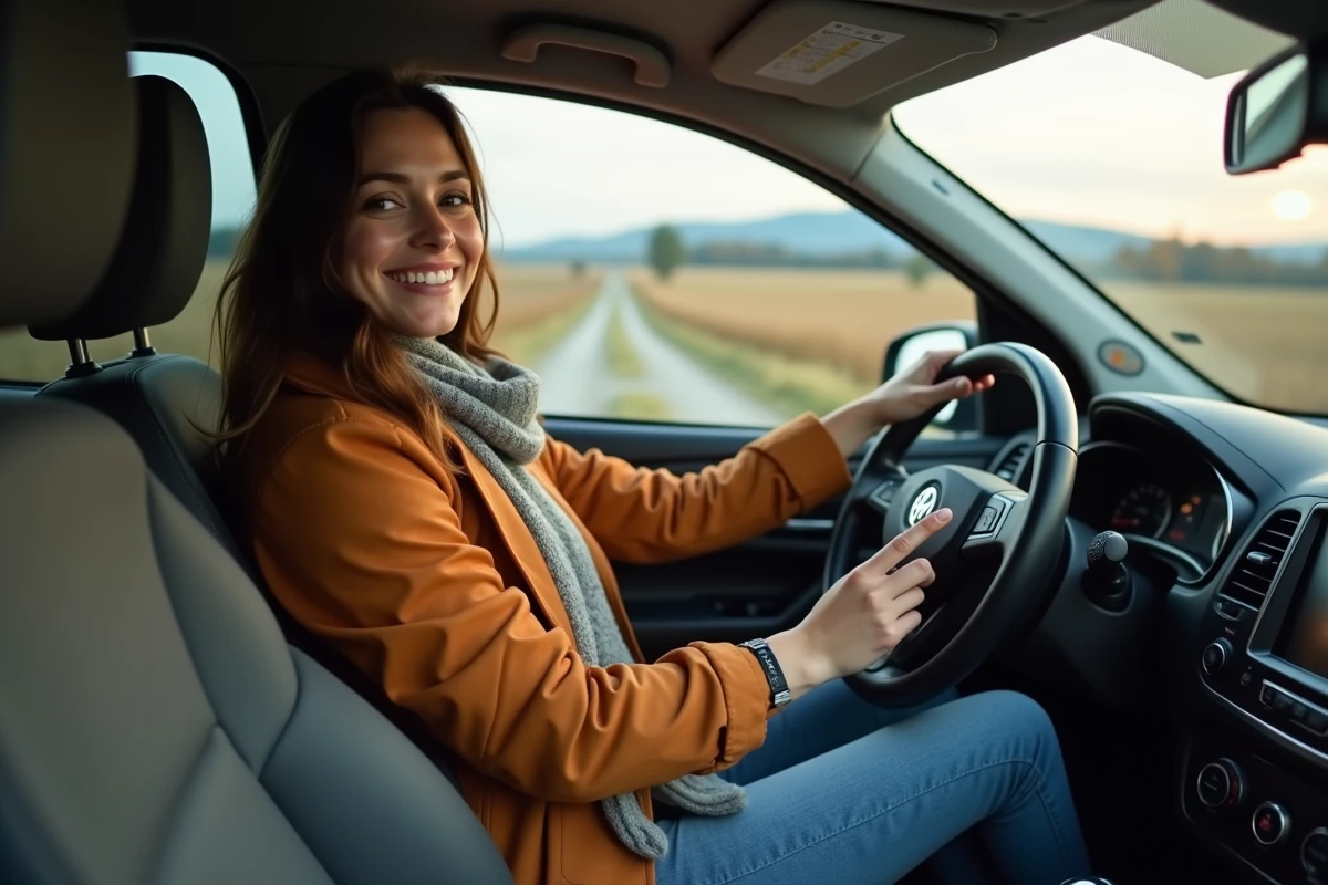 Jeune femme détendue dans sa voiture en campagne
