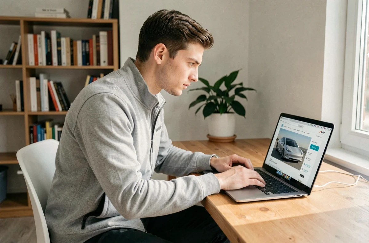 Jeune homme comparant des prix d'assurance pour une Tesla Model 3 sur un ordinateur portable dans un appartement moderne