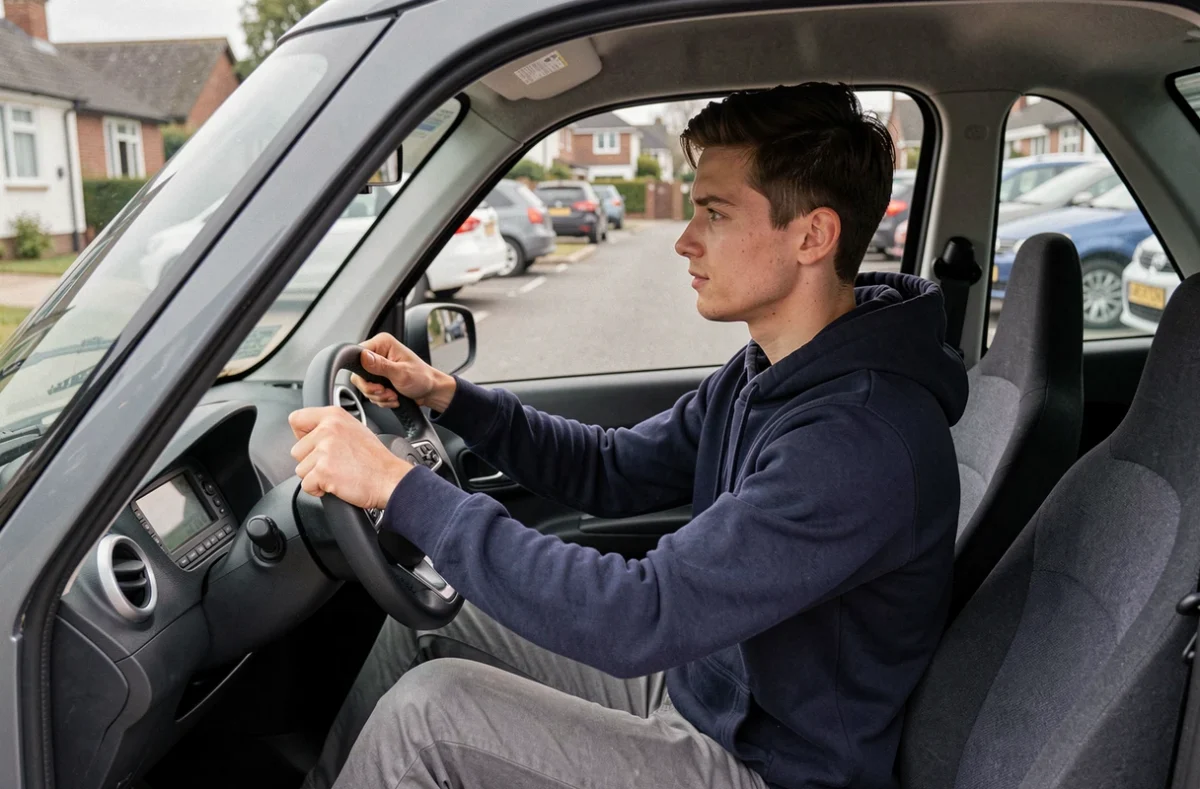 Jeune homme au volant d'une voiture sans permis découvrant l'intérieur du véhicule