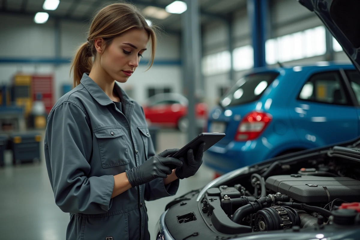Jeune mécanicienne inspectant un moteur dans un atelier