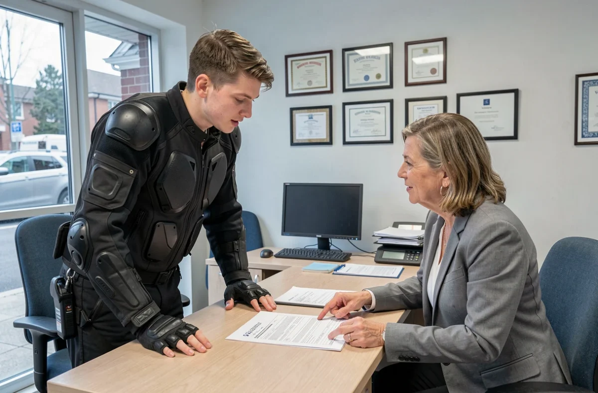Jeune motard en rendez-vous avec un conseiller en assurance pour discuter du malus sur sa prime