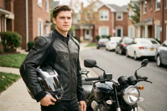 Jeune motard en veste textile avec casque intégral debout à côté d'une moto A2 en zone urbaine