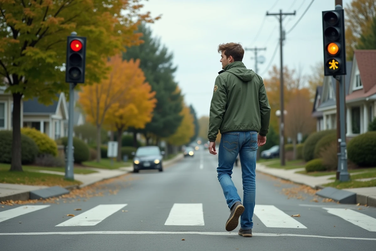 Jeune homme traverse un passage piéton avec signal lumineux