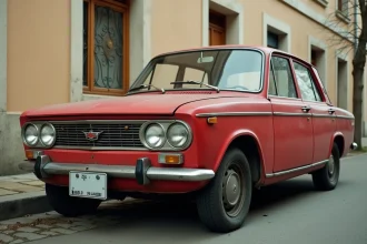 Une LADA 1500 rouge délavée garée dans une rue résidentielle française typique, symbole du retrait de la marque du marché français