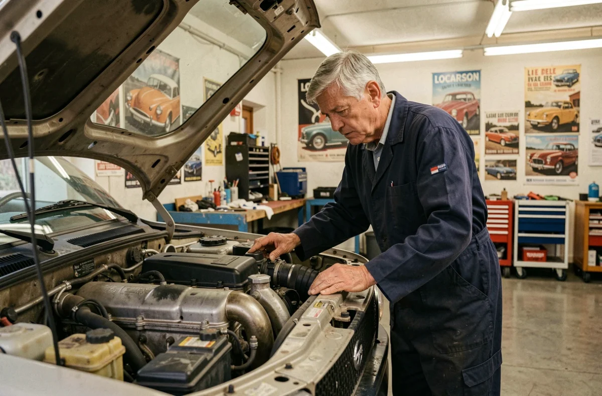 Mécanicien senior inspectant le compartiment moteur d'une voiture dans l'atelier Locarson à Paris