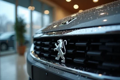 Gros plan sur le logo lion de Peugeot en métal chromé sur la calandre d'un véhicule en showroom