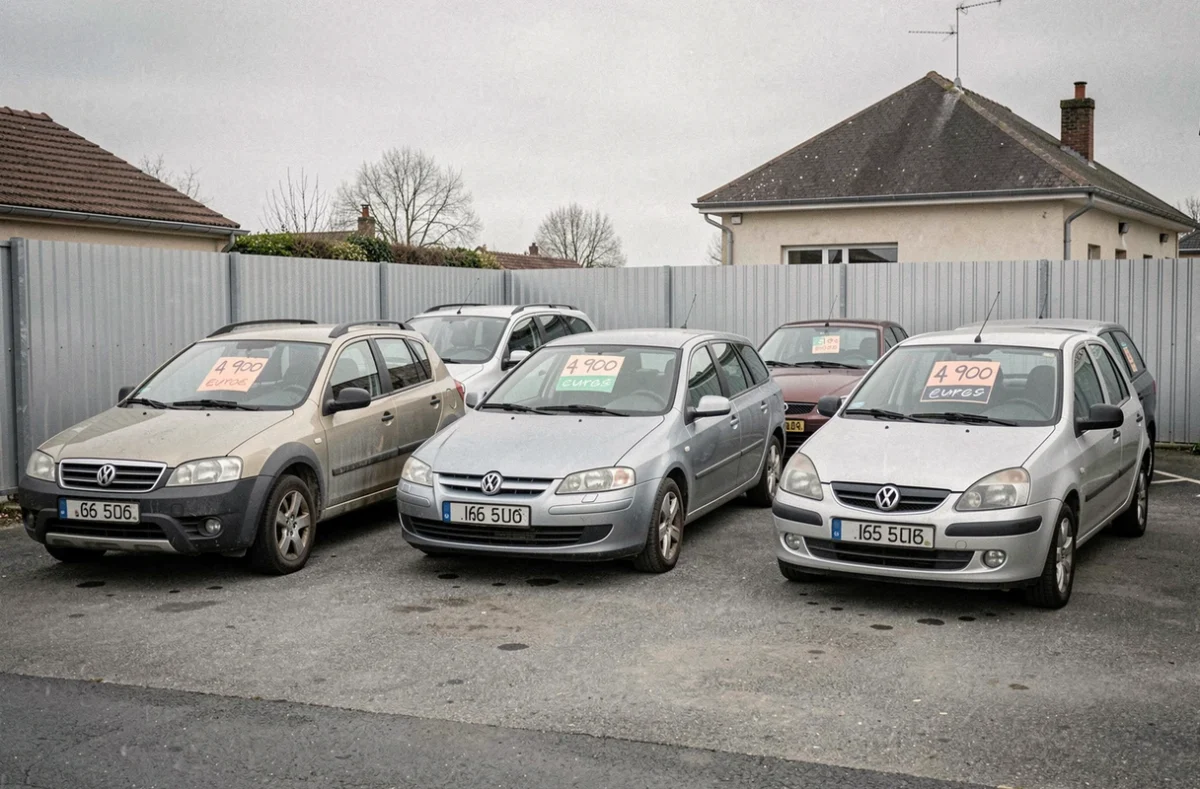Lot de voitures d'occasion exposées chez un concessionnaire indépendant avec des prix affichés autour de 5000 euros