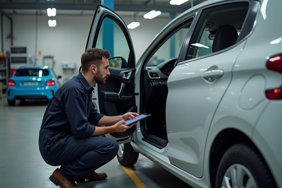 Mécanicien examinant le tableau de bord d'une Peugeot 208 avec un voyant actif dans un garage automobile