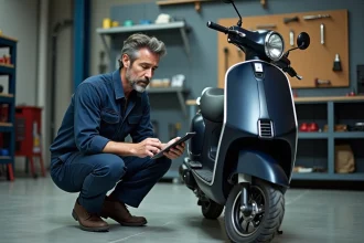 Mécanicien évaluant la cote d'un scooter d'occasion dans un atelier avec une tablette affichant des données de prix
